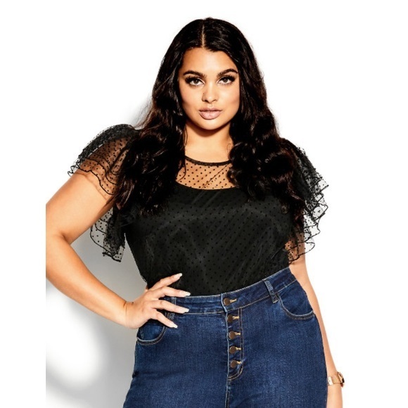 City Chic Spotty Time top in black, short frilled sleeves, dobby spot top Size22 - Picture 3 of 14